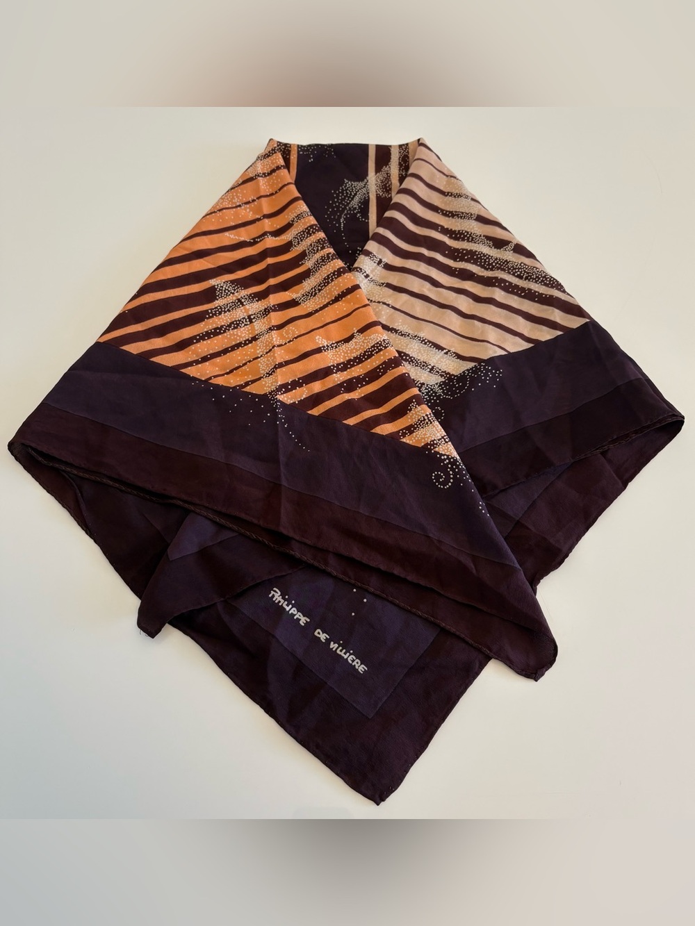 Philippe de Villiere Striped Silk Scarf - Orange, Cream & Deep Purple